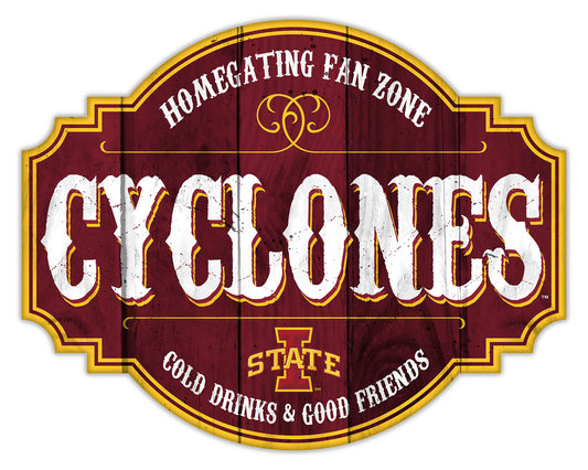 "Iowa State Cyclones Homegating Sign by Fan Creations. Sizes: 12 or 24 inches, MDF, multicolored logo/colors, officially licensed."