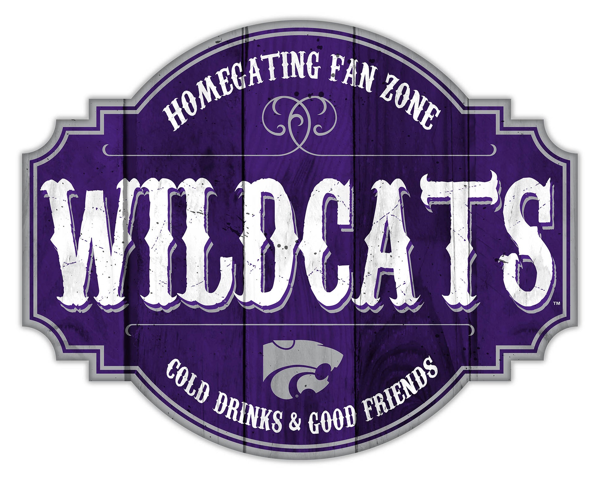 "Kansas State Wildcats Homegating Sign by Fan Creations. Sizes: 12 or 24 inches, MDF, multicolored logo/colors, officially licensed."