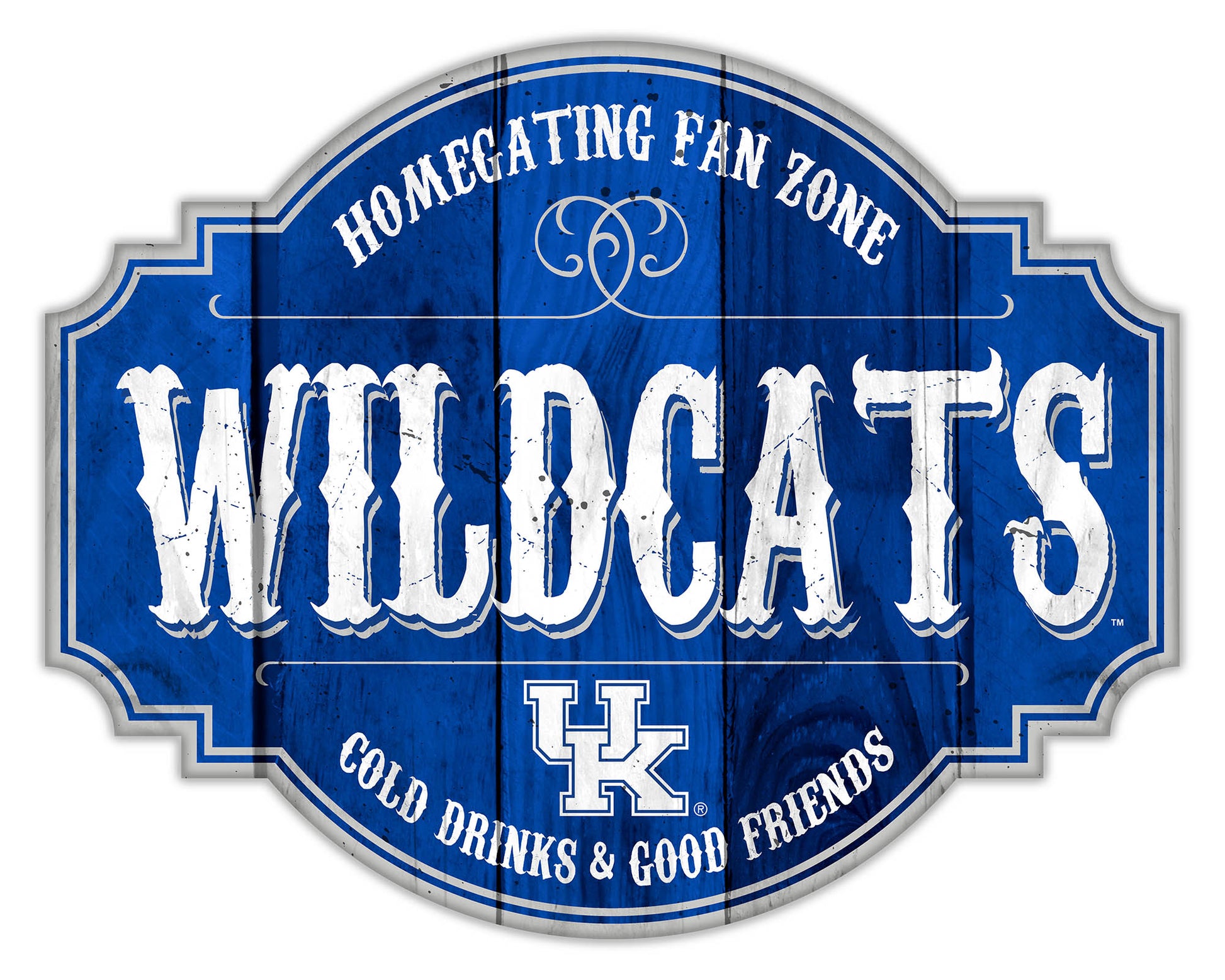 "Kentucky Wildcats Homegating Sign by Fan Creations. Sizes: 12 or 24 inches, MDF, multicolored logo/colors, officially licensed."