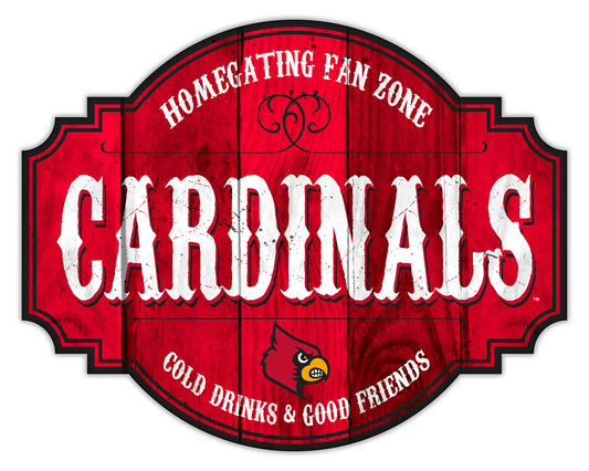 "Louisville Cardinals Homegating Sign by Fan Creations. Sizes: 12 or 24 inches, MDF, multicolored logo/colors, officially licensed."