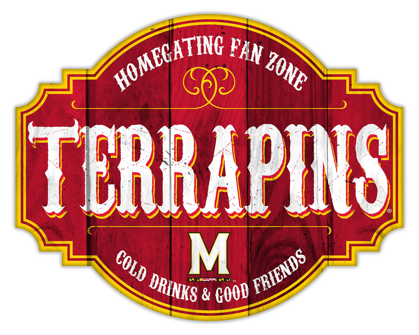 "Maryland Terrapins Homegating Sign by Fan Creations. Sizes: 12 or 24 inches, MDF, multicolored logo/colors, officially licensed."