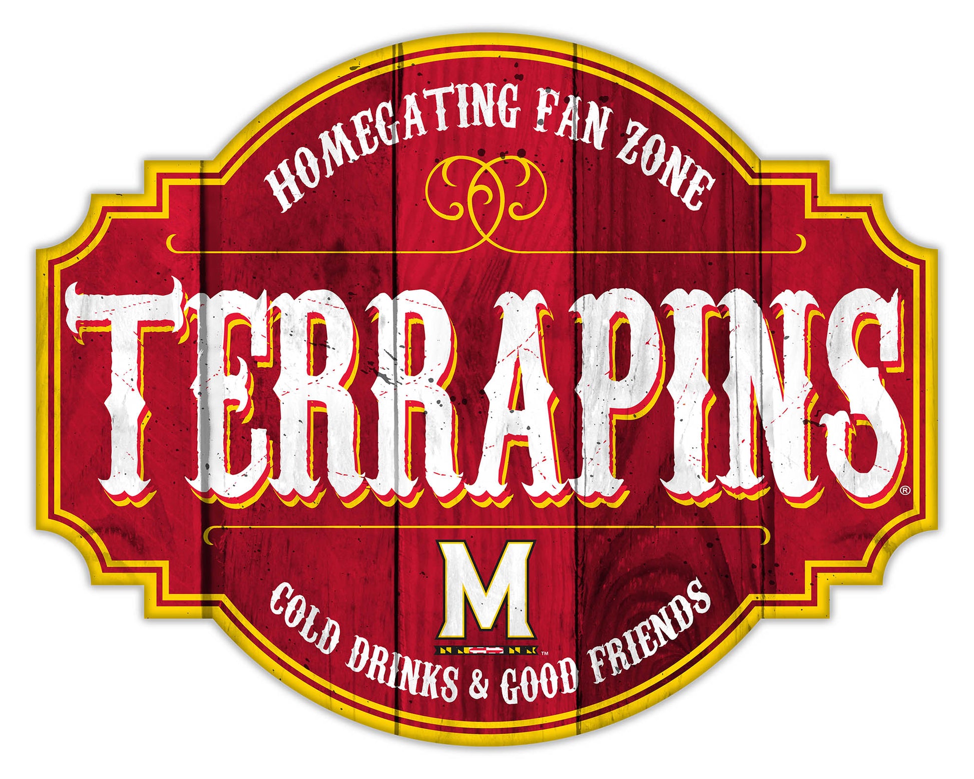 "Maryland Terrapins Homegating Sign by Fan Creations. Sizes: 12 or 24 inches, MDF, multicolored logo/colors, officially licensed."