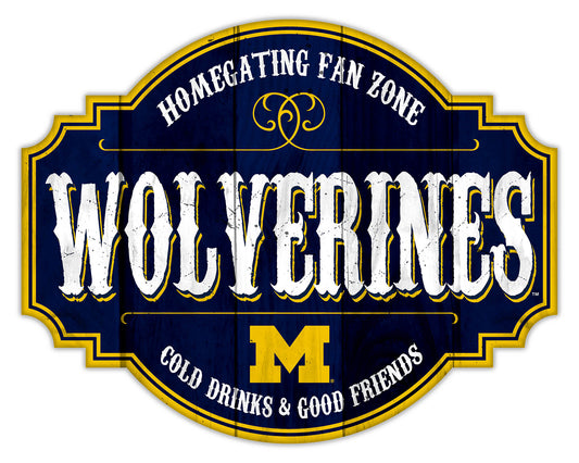 "Michigan Wolverines Homegating Sign by Fan Creations. Sizes: 12 or 24 inches, MDF, multicolored logo/colors, officially licensed."