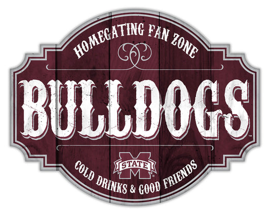 "Mississippi State Bulldogs Homegating Sign by Fan Creations. Sizes: 12 or 24 inches, MDF, multicolored logo/colors, officially licensed."