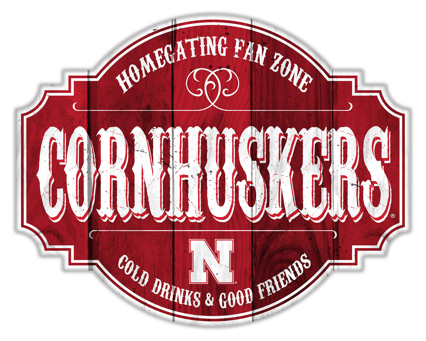 "Nebraska Cornhuskers Homegating Sign by Fan Creations. Sizes: 12 or 24 inches, MDF, multicolored logo/colors, officially licensed."