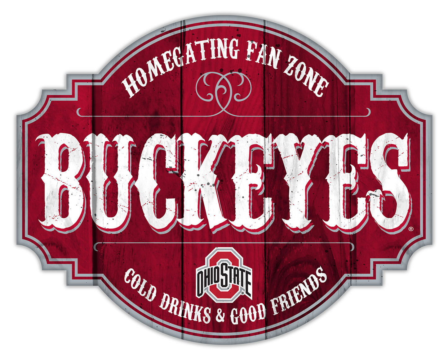 "Ohio State Buckeyes Homegating Sign by Fan Creations. Sizes: 12 or 24 inches, MDF, multicolored logo/colors, officially licensed."