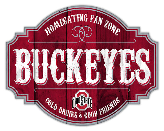 "Ohio State Buckeyes Homegating Sign by Fan Creations. Sizes: 12 or 24 inches, MDF, multicolored logo/colors, officially licensed."