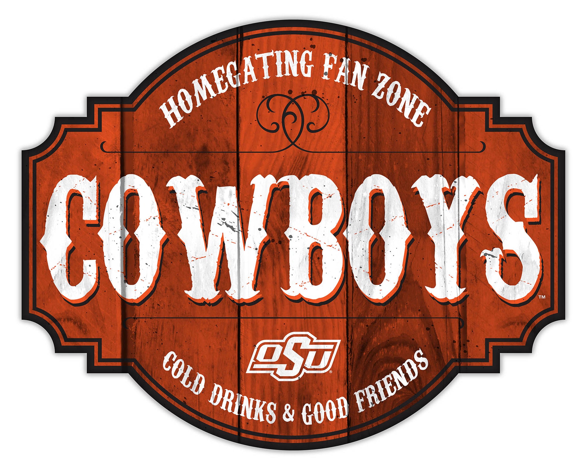 "Oklahoma State Cowboys NCAA Homegating Distressed Sign by Fan Creations, available in 12 or 24 inches, featuring team logo and colors, MDF material."