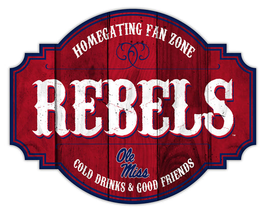 Got it! Here is the 125-character alt text for the Ole Miss Rebels sign:  "Ole Miss Rebels NCAA Homegating Distressed Sign by Fan Creations, available in 12 or 24 inches, featuring team logo and colors, MDF material."