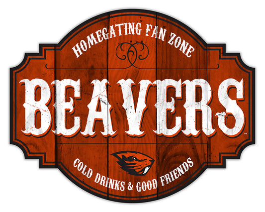 "Oregon State Beavers NCAA Homegating Distressed Sign by Fan Creations, available in 12 or 24 inches, featuring team logo and colors, MDF material."