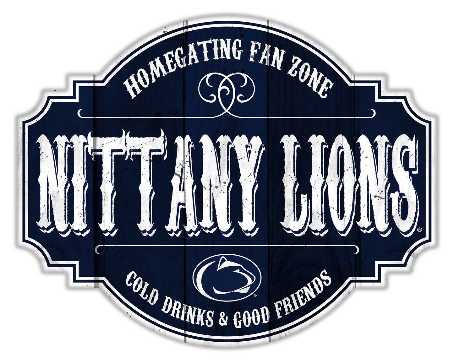 "Penn State Nittany Lions NCAA Homegating Distressed Sign by Fan Creations, available in 12 or 24 inches, featuring team logo and colors, MDF material."