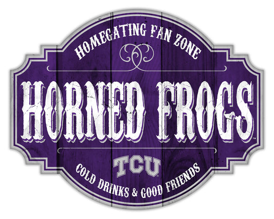 "Brand new Texas Christian (TCU) Horned Frogs NCAA Homegating Distressed Sign by Fan Creations, 12 or 24 inches, MDF, multicolored, team logo, officially licensed.