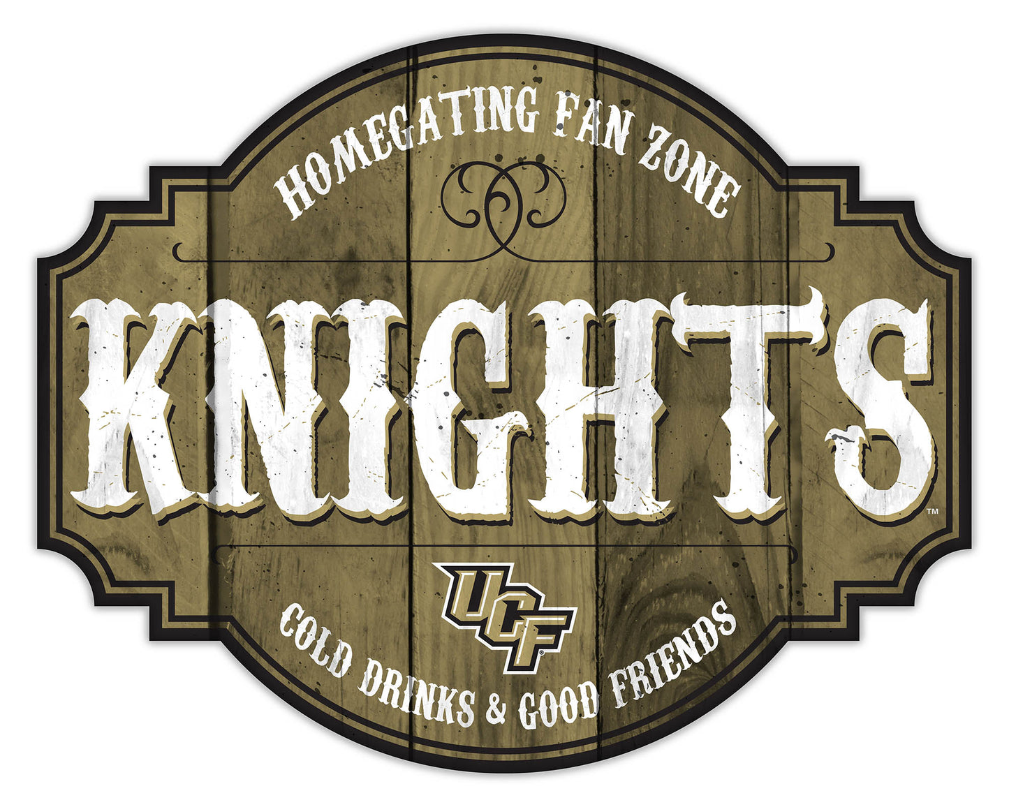 "UCF Knights Homegating Sign by Fan Creations. Sizes: 12 or 24 inches, MDF, multicolored logo/colors, officially licensed."