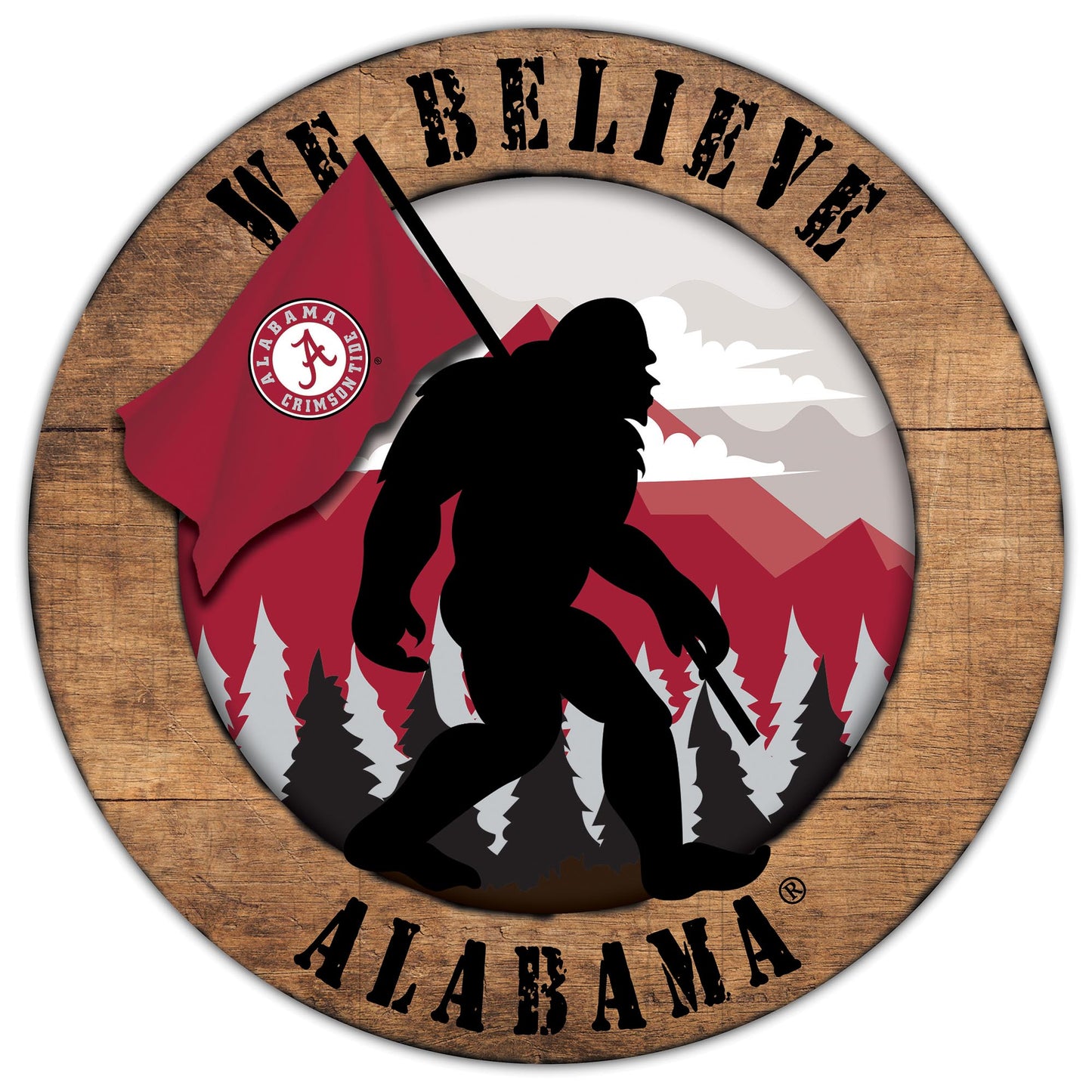 "Alabama Crimson Tide We Believe Big Foot 12" Round Wooden Sign by Fan Creations, featuring team colors and logo, perfect for fans."