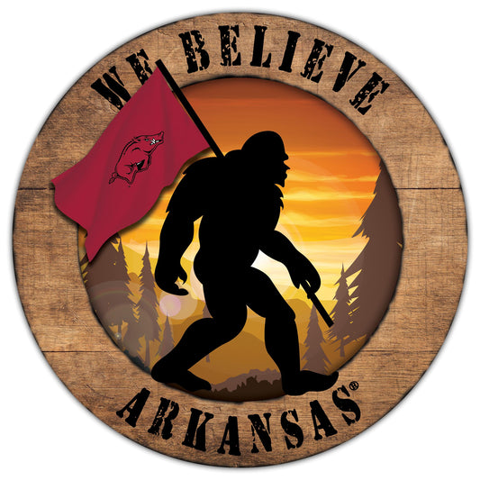 Arkansas Razorbacks We Believe Bigfoot 12" Round Wooden Sign by Fan Creations