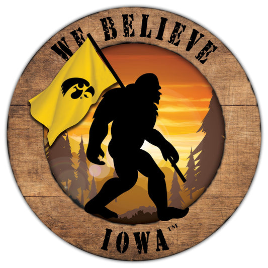 Iowa Hawkeyes We Believe Bigfoot 12" Round Wooden Sign by Fan Creations