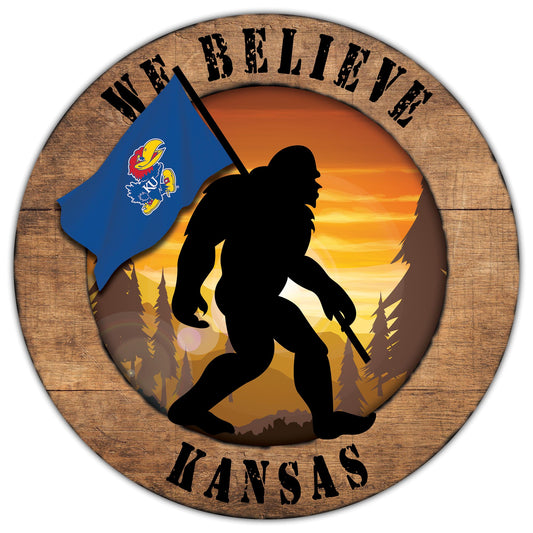 Kansas Jayhawks We Believe Bigfoot 12" Round Wooden Sign by Fan Creations