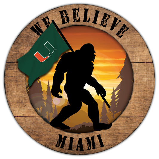 Miami Hurricanes Bigfoot Wooden Sign: Unique team decor. Vibrant colors, 12" round. Perfect for expressing fan belief and team pride
