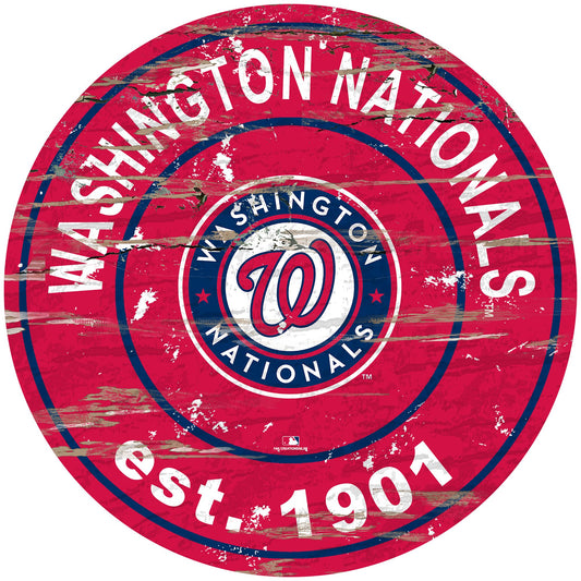 Washington Nationals distressed round sign, 24" diameter. Features team graphics & established date. Indoor use only. Officially licensed.