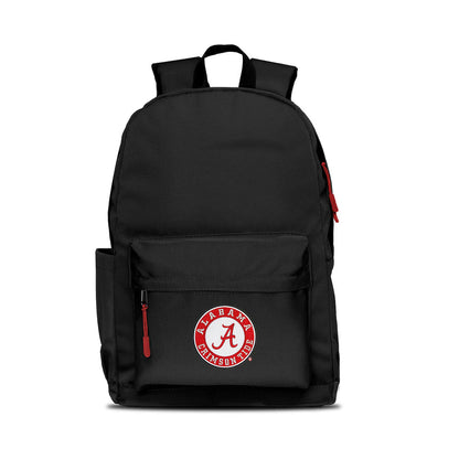 Alabama Crimson Tide backpack: 17x12x6.5", large main compartment, water bottle pocket, embroidered logo, red zipper pull.