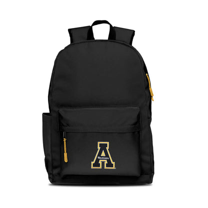 Appalachian State Mountaineers campus laptop backpack: 17x12x6.5", large main compartment, water bottle pocket, embroidered logo, yellow zipper pull.