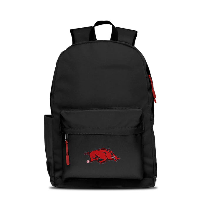 Arkansas Razorbacks campus laptop backpack: 17x12x6.5", large main compartment, water bottle pocket, embroidered logo, red zipper pull.