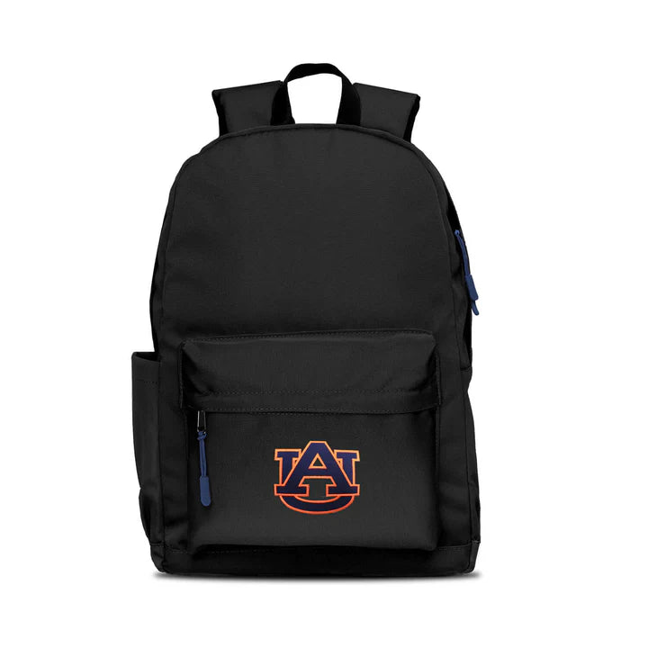 Auburn Tigers campus laptop backpack: 17x12x6.5", large main compartment, water bottle pocket, embroidered logo, blue zipper pull.