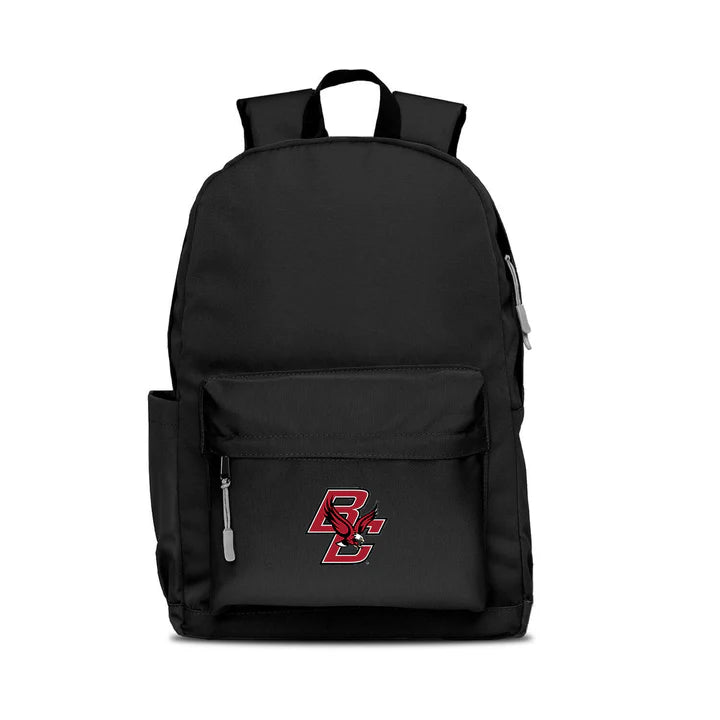 Boston College Eagles campus laptop backpack: 17x12x6.5", large main compartment, water bottle pocket, embroidered logo, colored zipper pull.