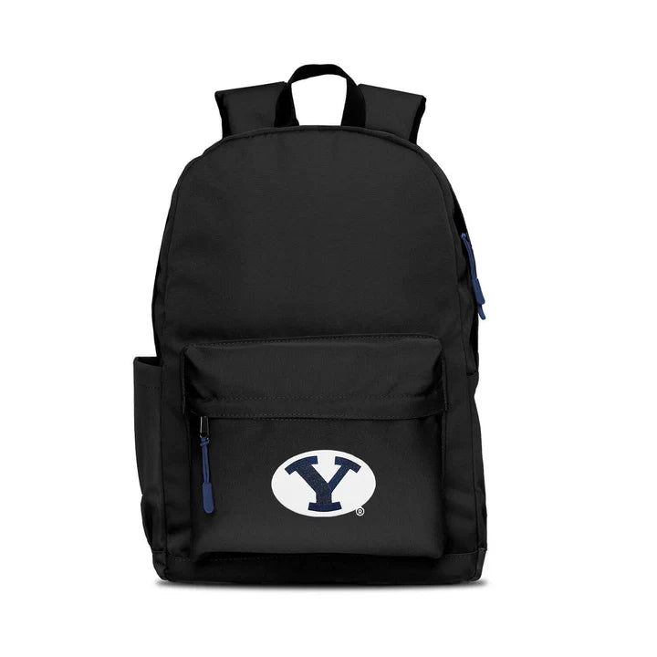 Brigham Young Cougars campus laptop backpack: 17x12x6.5", large main compartment, water bottle pocket, embroidered logo, colored zipper pull.