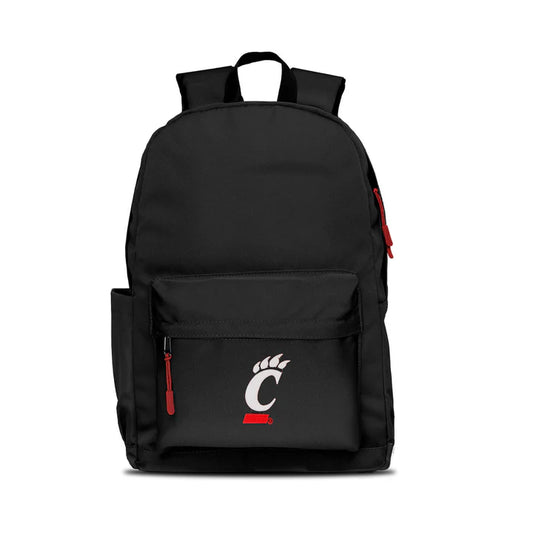 Cincinnati Bearcats campus laptop backpack: 17x12x6.5", large main compartment, water bottle pocket, embroidered logo, colored zipper pull.