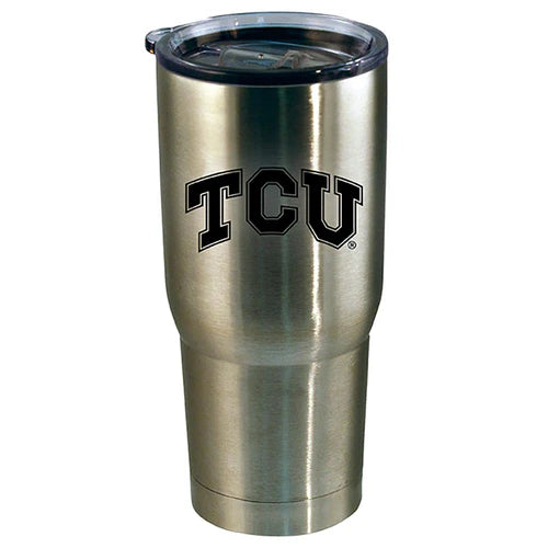 TCU stainless steel tumbler: 22oz capacity, team logo, hand wash recommended. Officially licensed.
