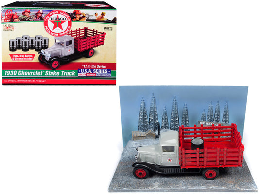 Auto World 1930 Chevrolet Stake Truck "Texaco" Diorama. 1/43 scale diecast. Real rubber tires, detailed interior. Official heritage product. L-6.5, W-4, H-4 inches.