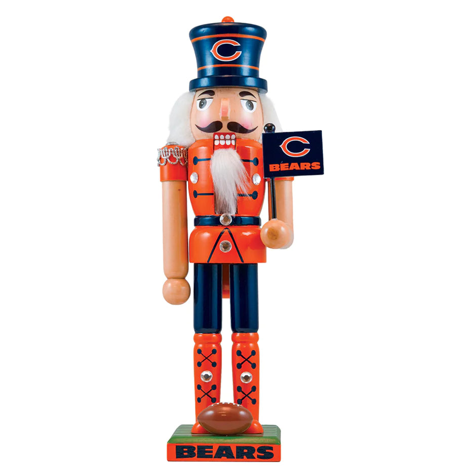 Chicago Bears 12" Wooden Nutcracker, handcrafted with team colors, football, flag, and gems. Perfect collectible for NFL fans.