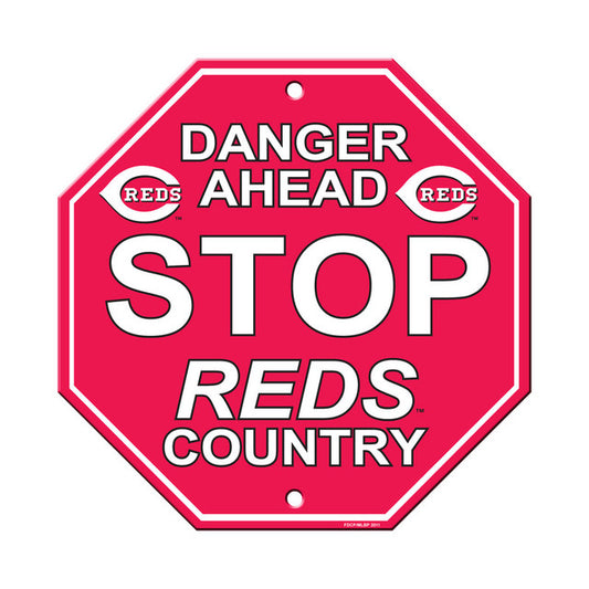 Cincinnati Reds Plastic Stop Sign, 12" x 12", featuring team colors and graphics, officially licensed by MLB, made by Fremont Die.