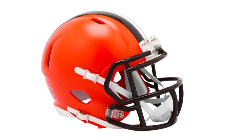Cleveland Browns Riddell Speed Mini Helmet with chinstrap, metal faceguard, and padding collectible display.