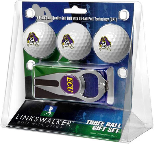 East Carolina {ECU} Pirates 3 Ball Gift Pack with Hat Trick Divot Tool by Linkswalker