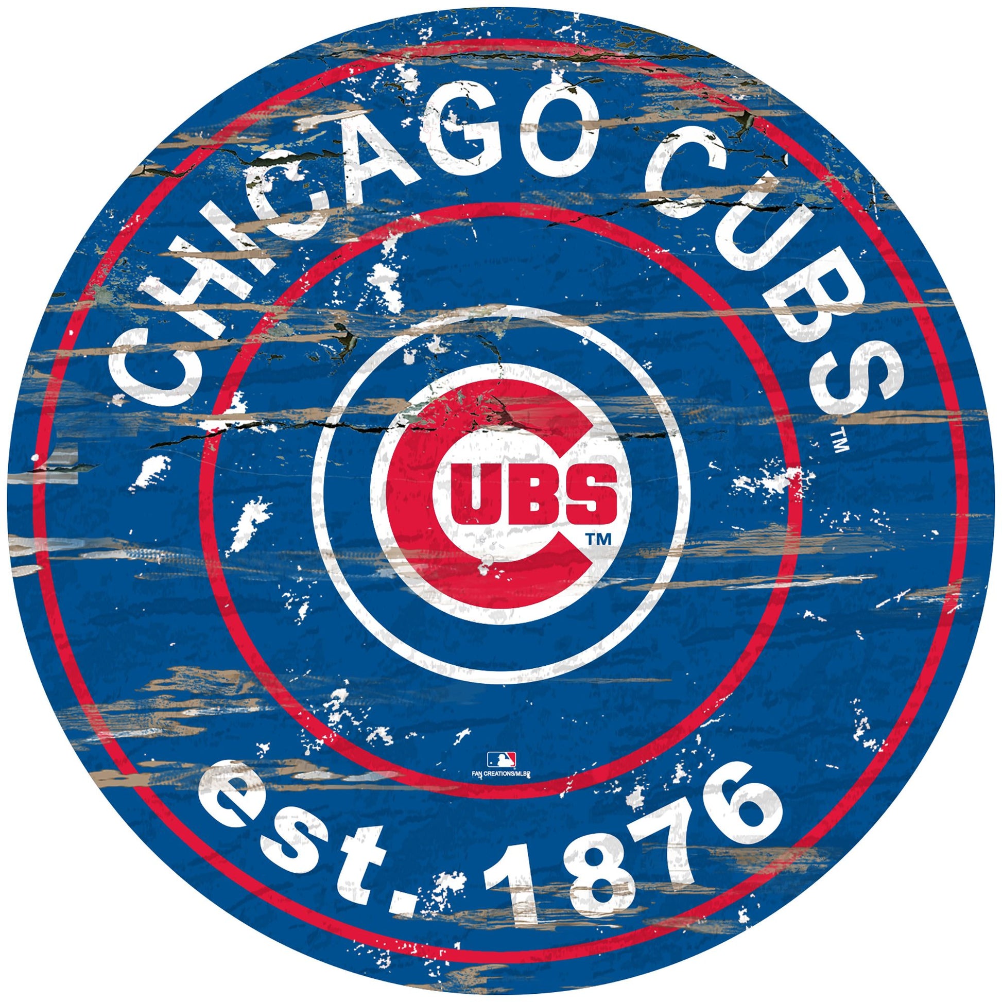 Chicago Cubs distressed round sign, 24" diameter. Features team graphics & established date. Indoor use only. Officially licensed.