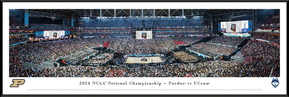 Panoramic of the 2024 NCAA Basketball National Championship Game featuring UConn Huskies vs. Purdue Boilermakers with players on the court and fans in the stands.