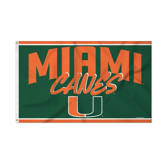 Miami Hurricanes Script Banner Flag: Bold logo, vibrant colors. Ideal for game day or displaying team pride at home.