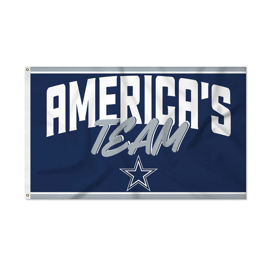 Dallas Cowboys NFL Script Banner Flag. Measures 3' x 5'. Indoor/outdoor use. Vibrant team colors and graphics. Polyester material. Officially licensed. Made by Rico Industries.