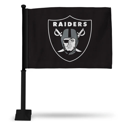 Las Vegas Raiders car flag, double-sided, vibrant team colors, 16"x19.5", weather-resistant, with 19" pole. Made in the USA.