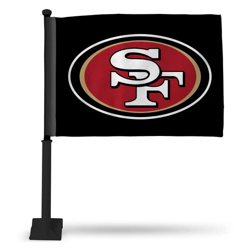 San Francisco 49ers black car flag, 16"x19.5", double-sided, weather-resistant, with 19" black plastic pole. Made in the USA.