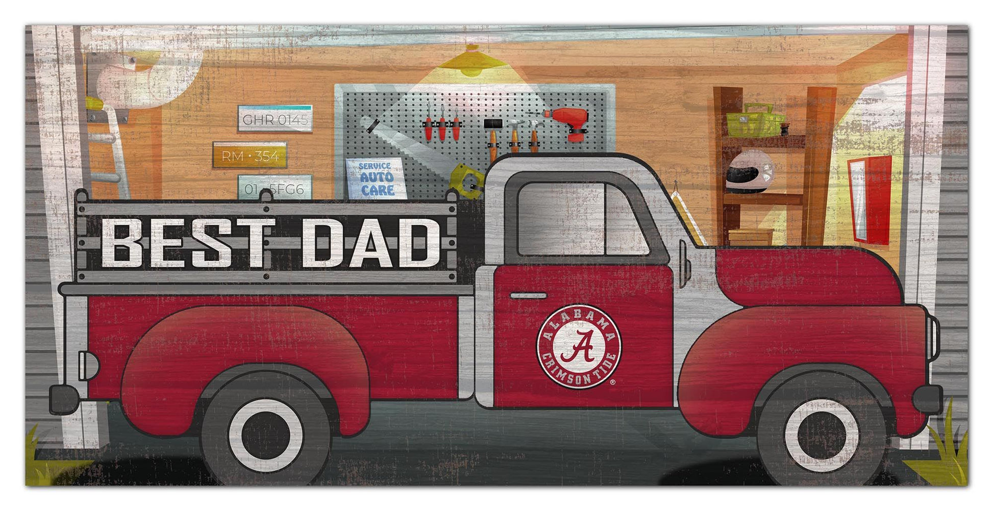 A red pickup truck with the Alabama Crimson Tide logo and "BEST DAD" on the bed, set against a garage background with tools and signs.