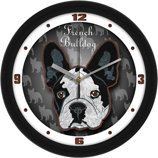 French Bulldog wall clock with silent sweep movement and clear glass face