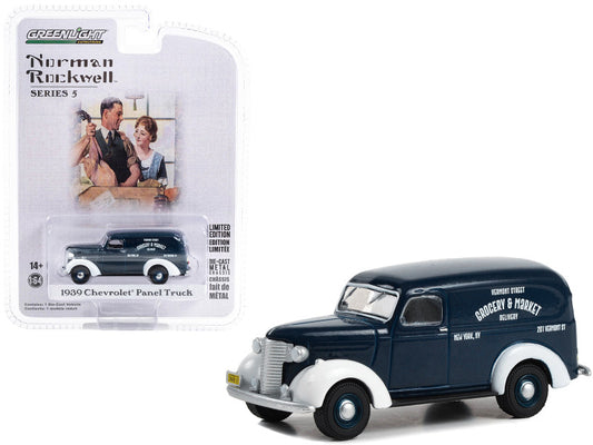 Greenlight 1939 Chevrolet Panel Truck 1/64 Diecast - Dark Blue/White, Limited Edition, Real Rubber Tires, Norman Rockwell Series 5