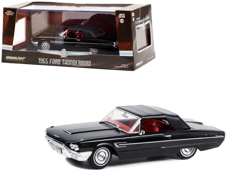 Greenlight 1965 Ford Thunderbird Convertible diecast model car in raven black with red interior, 1/43 scale, limited edition.