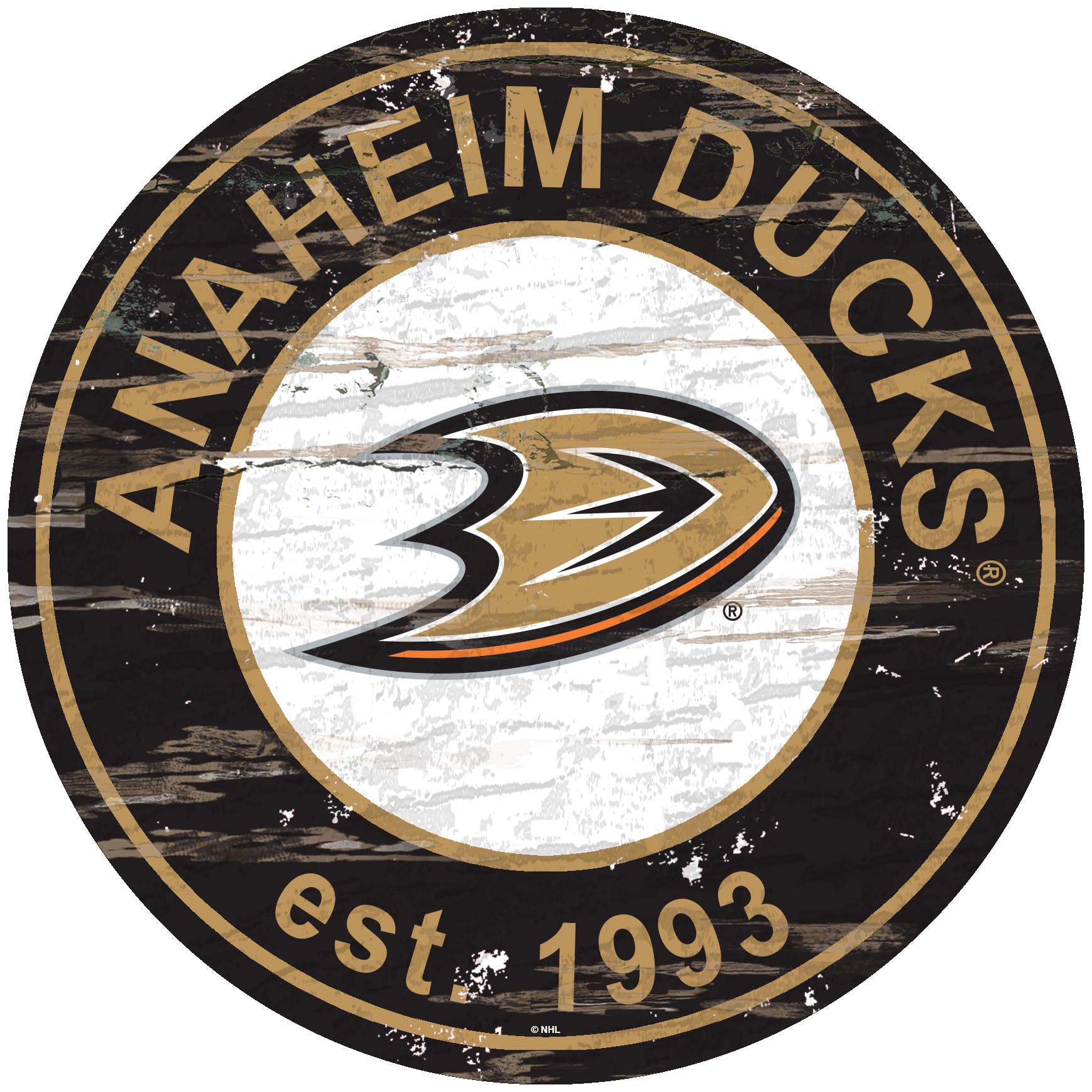 "Anaheim Ducks NHL established sign, 24-inch diameter, distressed MDF design with team colors and graphics."