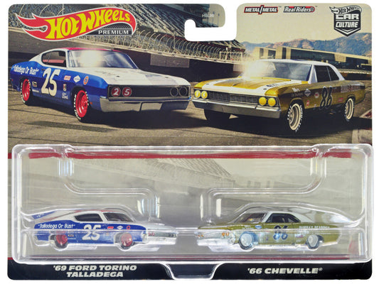 1969 Ford Torino Talladega #25 White and Blue and 1966 Chevrolet Chevelle #86 Gold with White Top "Car Culture" Set of 2 Diecast Cars by Hot Wheels