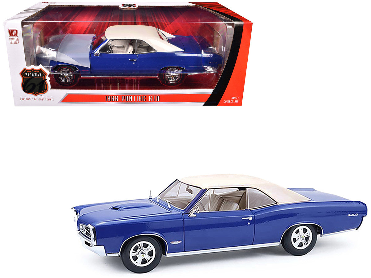 Highway 61 1966 Pontiac GTO Barrier Blue 1:18 diecast model car with white top, opening parts, and detailed design.