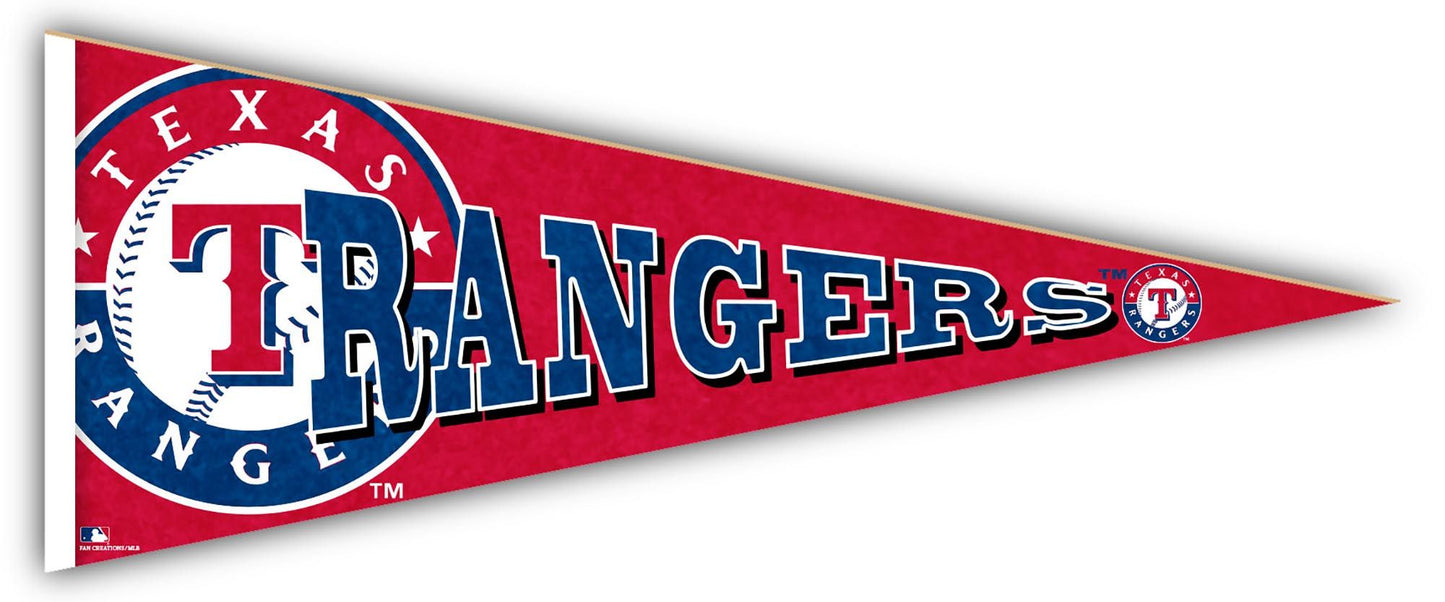 Made in USA Texas Rangers Wood Pennant - 24" long, 100% MDF, high definition team logo and colors. For indoor use, by Fan Creations.